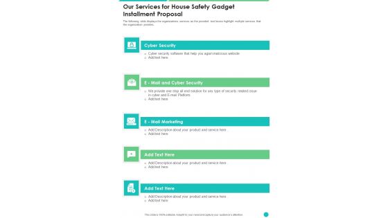 Our Services For House Safety Gadget Installment Proposal One Pager Sample Example Document Our Services For House Safety Gadget Installment Proposal One Pager Sample Example Document