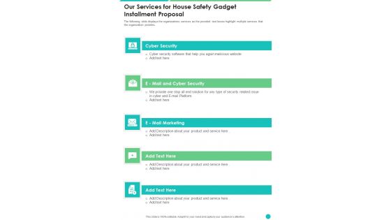 Our Services For House Safety Gadget Installment Proposal One Pager Sample Example Document