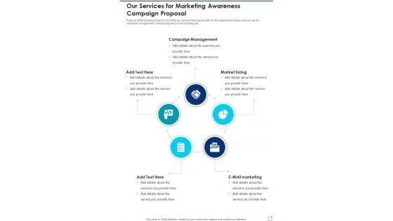 Our Services For Marketing Awareness Campaign Proposal One Pager Sample Example Document Our Services For Marketing Awareness Campaign Proposal One Pager Sample Example Document