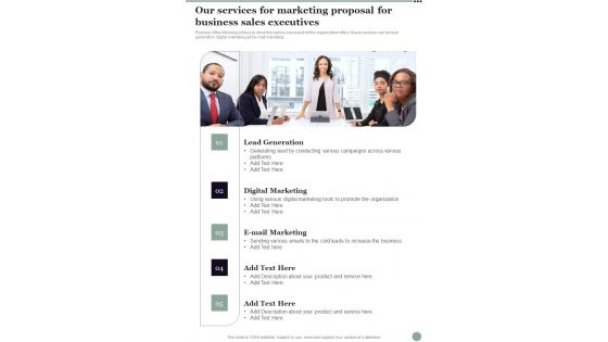 Our Services For Marketing Proposal For Business Sales Executives One Pager Sample Example Document Our Services For Marketing Proposal For Business Sales Executives One Pager Sample Example Document