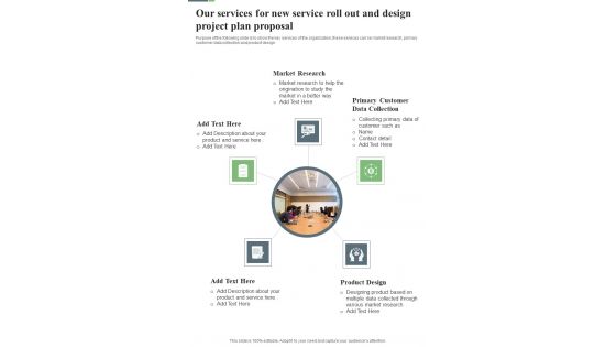 Our Services For New Service Roll Out And Design Project Plan Proposal One Pager Sample Example Document