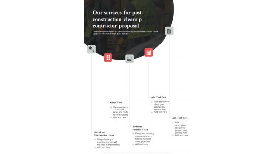 Our Services For Post Construction Cleanup Contractor Proposal One Pager Sample Example Document