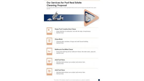 Our Services For Post Real Estate Cleaning Proposal One Pager Sample Example Document