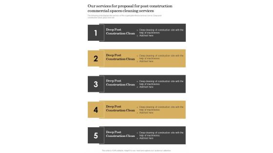 Our Services For Proposal For Post Construction Commercial Spaces Cleaning Services One Pager Sample Example Document Our Services For Proposal For Post Construction Commercial Spaces Cleaning Services One Pager Sample Example Document