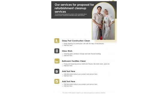 Our Services For Proposal For Refurbishment Cleanup Services One Pager Sample Example Document Our Services For Proposal For Refurbishment Cleanup Services One Pager Sample Example Document