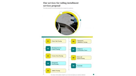 Our Services For Railing Installment Services Proposal One Pager Sample Example Document Our Services For Railing Installment Services Proposal One Pager Sample Example Document