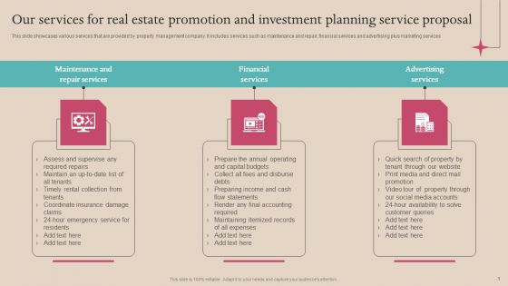 Our Services For Real Estate Promotion And Investment Planning Service Proposal Icons PDF