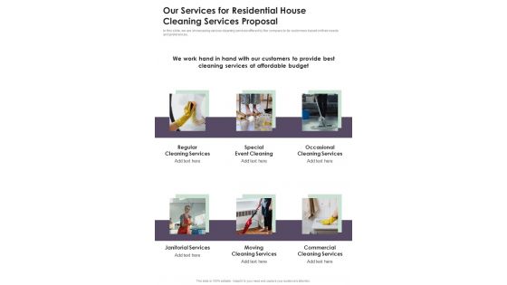 Our Services For Residential House Cleaning Services Proposal One Pager Sample Example Document