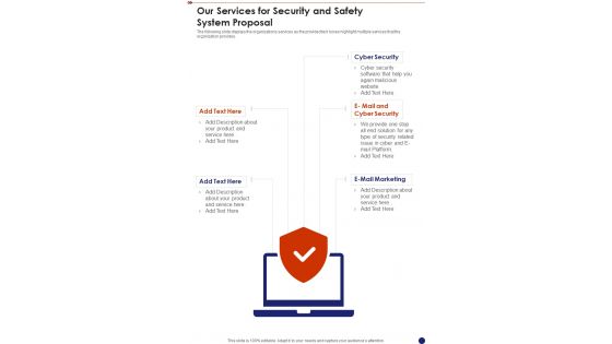 Our Services For Security And Safety System Proposal One Pager Sample Example Document Our Services For Security And Safety System Proposal One Pager Sample Example Document