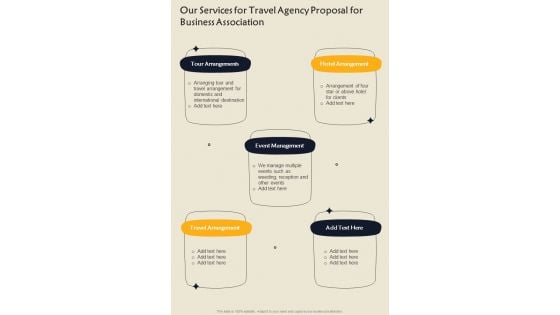 Our Services For Travel Agency Proposal For Business Association One Pager Sample Example Document Our Services For Travel Agency Proposal For Business Association One Pager Sample Example Document