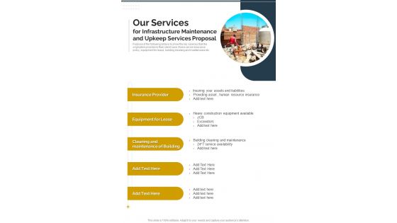 Our Services Infrastructure Maintenance Upkeep Services Proposal One Pager Sample Example Document