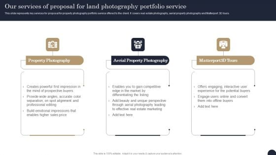 Our Services Of Proposal For Land Photography Portfolio Service Icons PDF Our Services Of Proposal For Land Photography Portfolio Service Icons PDF