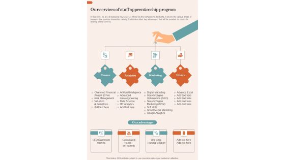 Our Services Of Staff Apprenticeship Program One Pager Sample Example Document Our Services Of Staff Apprenticeship Program One Pager Sample Example Document