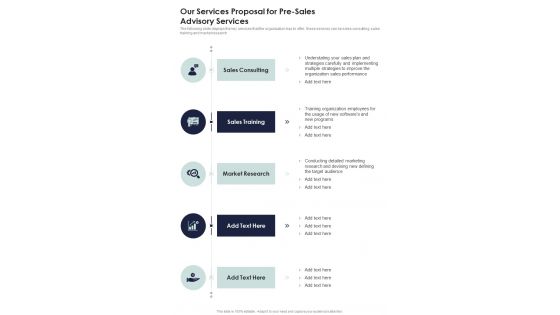 Our Services Proposal For Pre Sales Advisory Services One Pager Sample Example Document Our Services Proposal For Pre Sales Advisory Services One Pager Sample Example Document