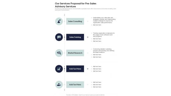 Our Services Proposal For Pre Sales Advisory Services One Pager Sample Example Document