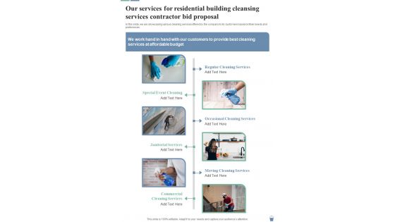 Our Services Residential Building Cleansing Services Contractor Bid Proposal One Pager Sample Example Document Our Services Residential Building Cleansing Services Contractor Bid Proposal One Pager Sample Example Document
