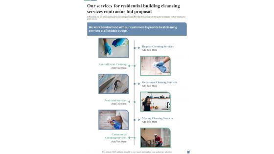 Our Services Residential Building Cleansing Services Contractor Bid Proposal One Pager Sample Example Document