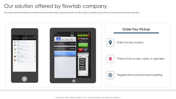 Our Solution Offered By Flowtab Company Slide PowerPoint Presentation PPT Template PDF
