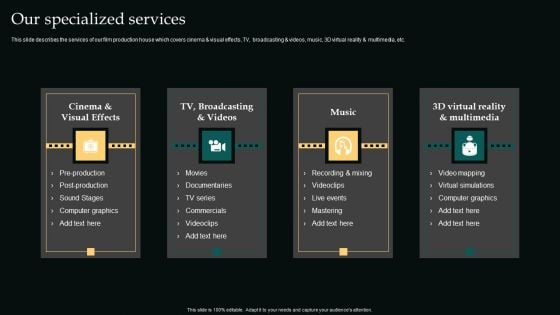 Our Specialized Services Movie Editing Company Outline Template PDF