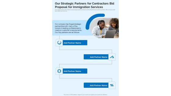 Our Strategic Partners For Contractors Bid Proposal For Immigration Services One Pager Sample Example Document Our Strategic Partners For Contractors Bid Proposal For Immigration Services One Pager Sample Example Document