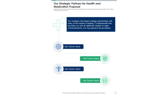 Our Strategic Partners For Health And Medication Proposal One Pager Sample Example Document