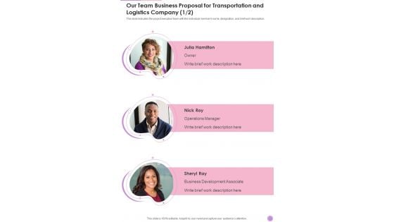 Our Team Business Proposal For Transportation And Logistics Company One Pager Sample Example Document Our Team Business Proposal For Transportation And Logistics Company One Pager Sample Example Document