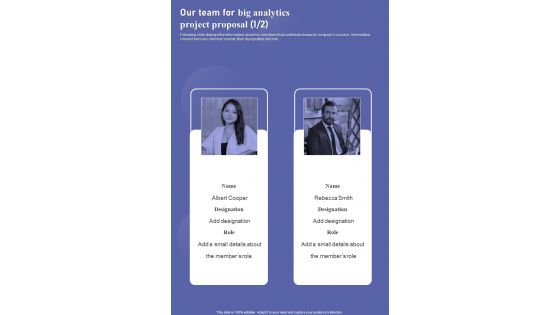 Our Team For Big Analytics Project Proposal One Pager Sample Example Document