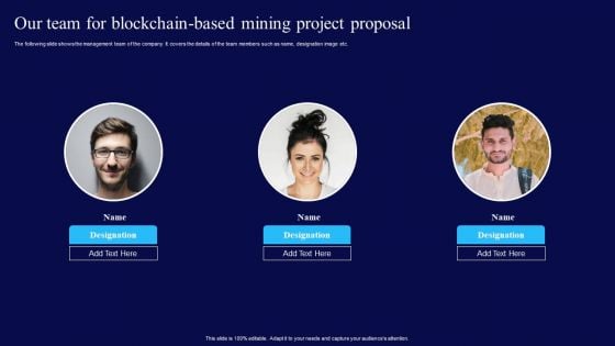 Our Team For Blockchain Based Mining Project Proposal Ppt Background Designs PDF