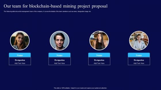 Our Team For Blockchain Based Mining Project Proposal Ppt Background Designs PDF