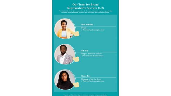 Our Team For Brand Representative Services One Pager Sample Example Document Our Team For Brand Representative Services One Pager Sample Example Document