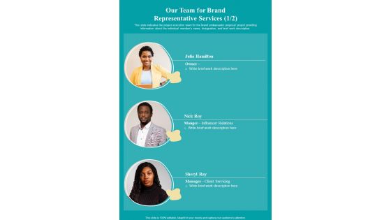 Our Team For Brand Representative Services One Pager Sample Example Document