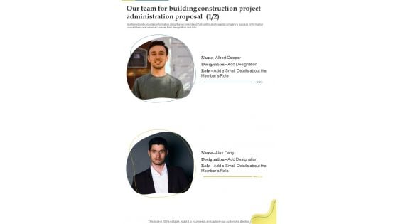 Our Team For Building Construction Project Administration Proposal One Pager Sample Example Document