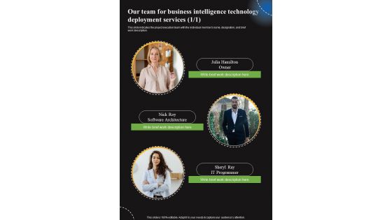 Our Team For Business Intelligence Technology Deployment Services One Pager Sample Example Document