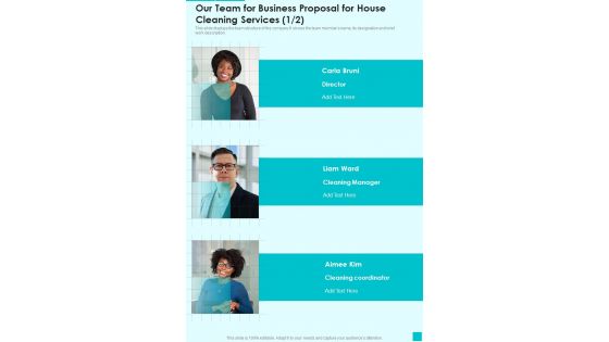 Our Team For Business Proposal For House Cleaning Services One Pager Sample Example Document