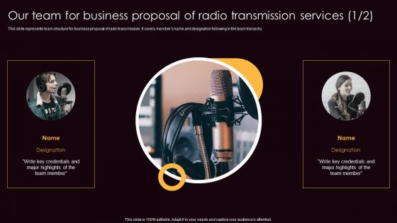 Our Team For Business Proposal Of Radio Transmission Services Themes PDF Our Team For Business Proposal Of Radio Transmission Services Themes PDF