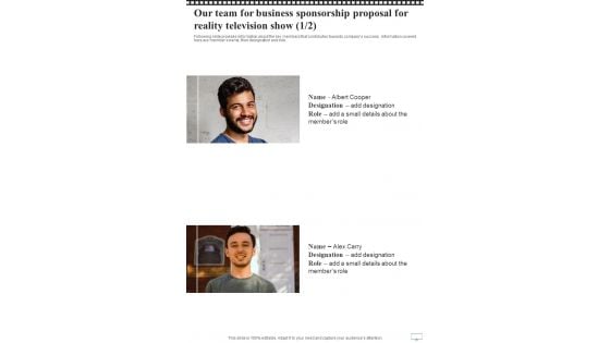 Our Team For Business Sponsorship Proposal For Reality Television Show One Pager Sample Example Document Our Team For Business Sponsorship Proposal For Reality Television Show One Pager Sample Example Document