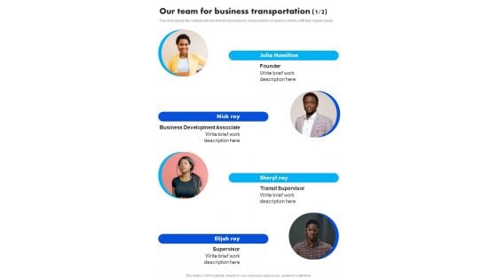 Our Team For Business Transportation One Pager Sample Example Document