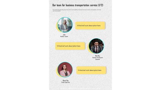 Our Team For Business Transportation Service One Pager Sample Example Document Our Team For Business Transportation Service One Pager Sample Example Document