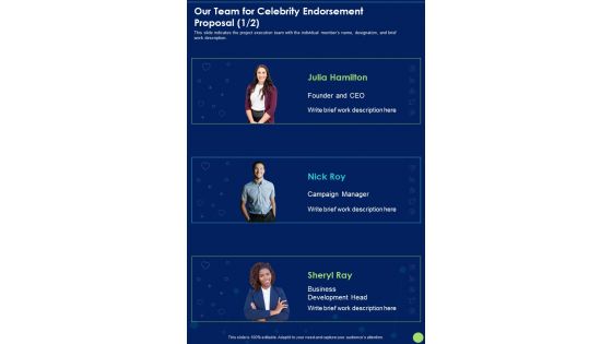 Our Team For Celebrity Endorsement Proposal One Pager Sample Example Document