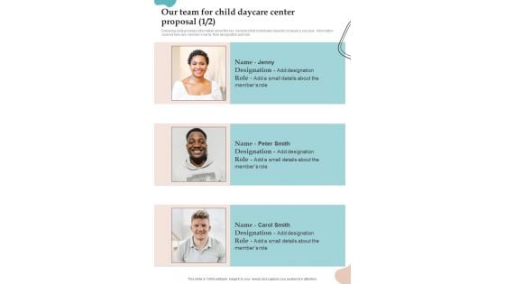 Our Team For Child Daycare Center Proposal One Pager Sample Example Document Our Team For Child Daycare Center Proposal One Pager Sample Example Document