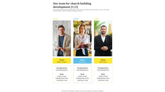 Our Team For Church Building Development One Pager Sample Example Document Our Team For Church Building Development One Pager Sample Example Document