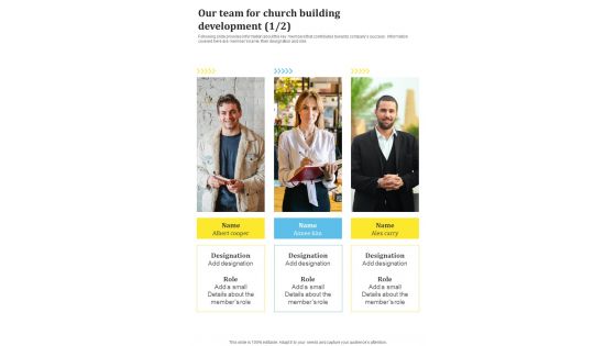 Our Team For Church Building Development One Pager Sample Example Document