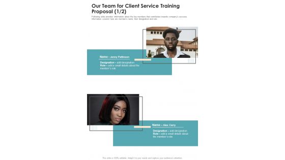 Our Team For Client Service Training Proposal One Pager Sample Example Document