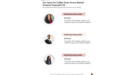 Our Team For Coffee Shop House Market Analysis Proposal One Pager Sample Example Document