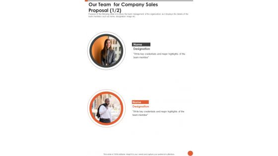 Our Team For Company Sales Proposal One Pager Sample Example Document