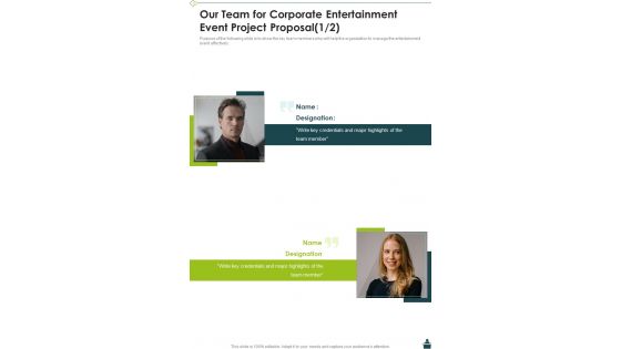 Our Team For Corporate Entertainment Event Project Proposal One Pager Sample Example Document