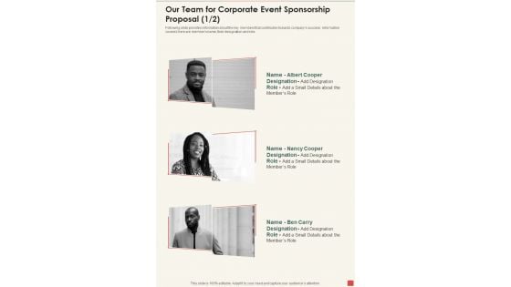 Our Team For Corporate Event Sponsorship Proposal One Pager Sample Example Document Our Team For Corporate Event Sponsorship Proposal One Pager Sample Example Document