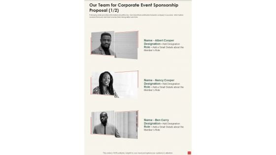 Our Team For Corporate Event Sponsorship Proposal One Pager Sample Example Document