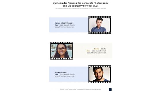 Our Team For Corporate Photography And Videography Services One Pager Sample Example Document