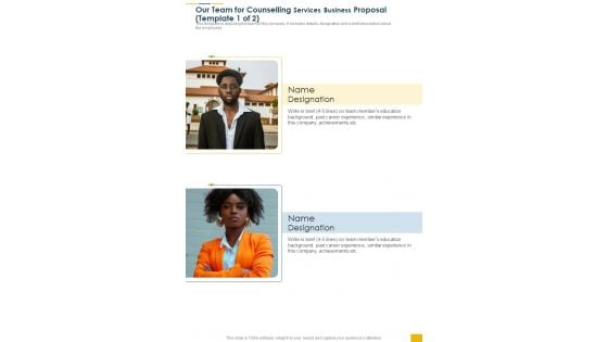Our Team For Counselling Services Business Proposal One Pager Sample Example Document Our Team For Counselling Services Business Proposal One Pager Sample Example Document